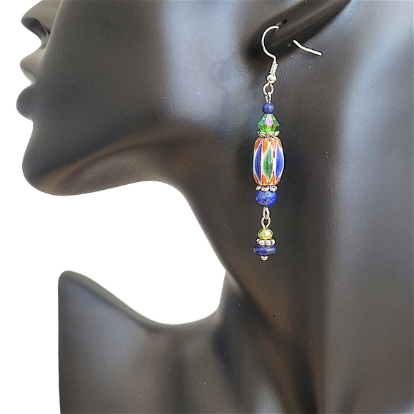 Hand Crafted Jewelry - Hand Crafted Lampwork Lapis Earrings Beaded Dangle 2.5" Blue Green & Red Stripes